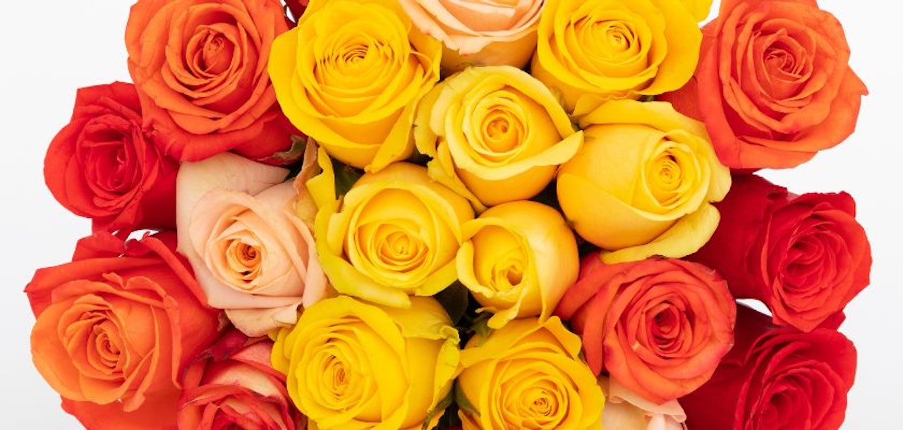 Vibrant bouquet of yellow, orange, and pink roses arranged elegantly for special occasions.