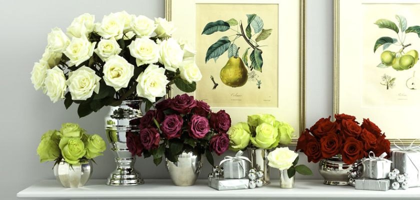 Elegant floral arrangement featuring white, red, and purple roses in stylish vases.