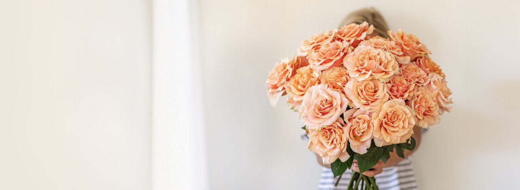 A large bouquet of soft peach roses held by a person, perfect for special occasions.