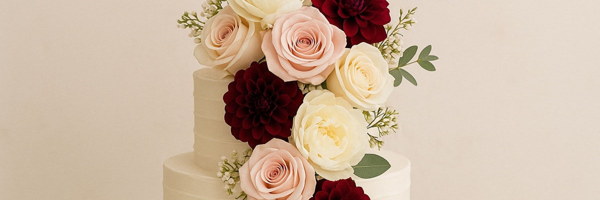 Elegant three-tiered wedding cake adorned with soft roses and deep red dahlias.