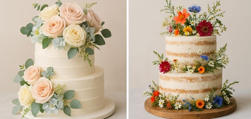Elegant two-tier wedding cakes adorned with fresh flowers and greenery. Perfect for celebrations.