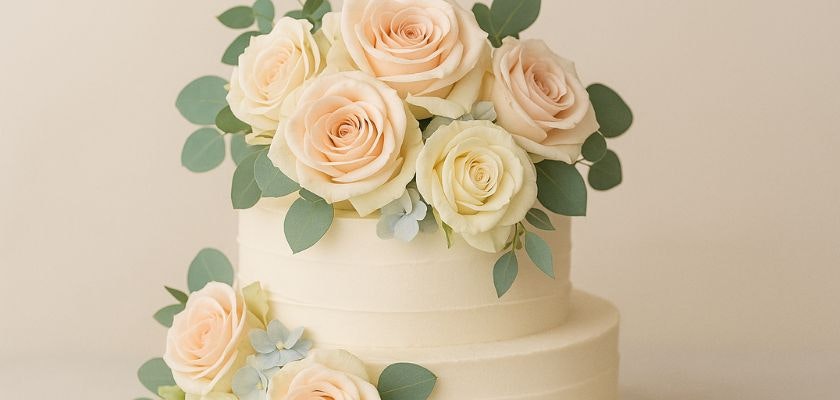 Elegant two-tier wedding cake adorned with pale pink and white roses. Perfect for celebrations.