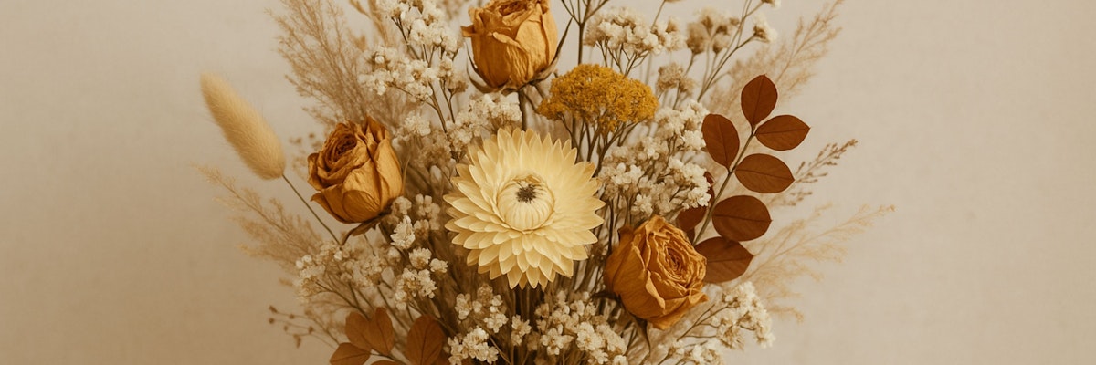 Dried flower arrangement featuring yellow roses, vibrant blooms, and delicate foliage.
