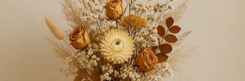 Dried flower arrangement featuring yellow roses, vibrant blooms, and delicate foliage.