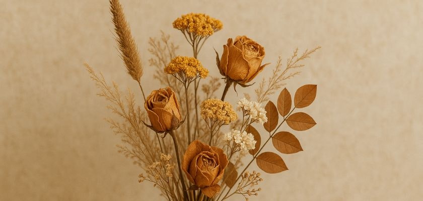 Dried floral bouquet featuring golden roses and delicate foliage against a soft backdrop.