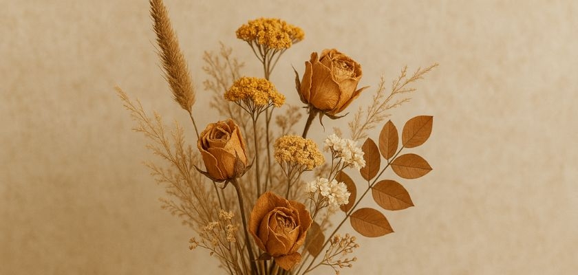Dried floral bouquet featuring golden roses and delicate foliage against a soft backdrop.