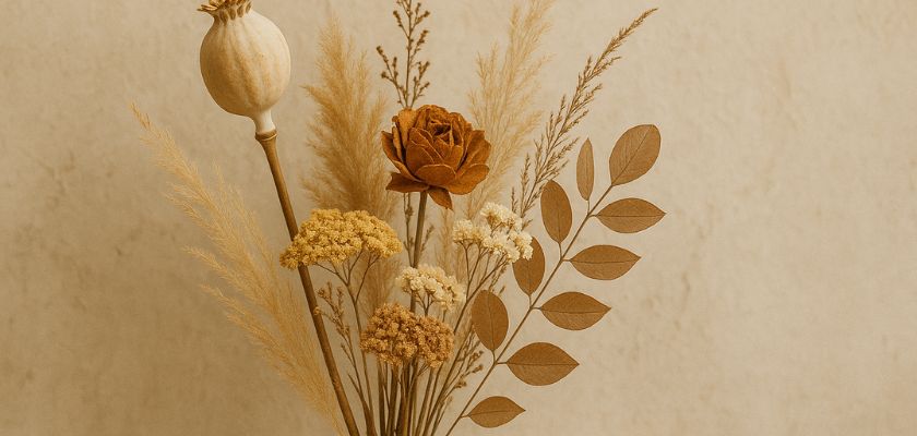Dried floral arrangement featuring warm-toned roses and grass in a rustic setting.