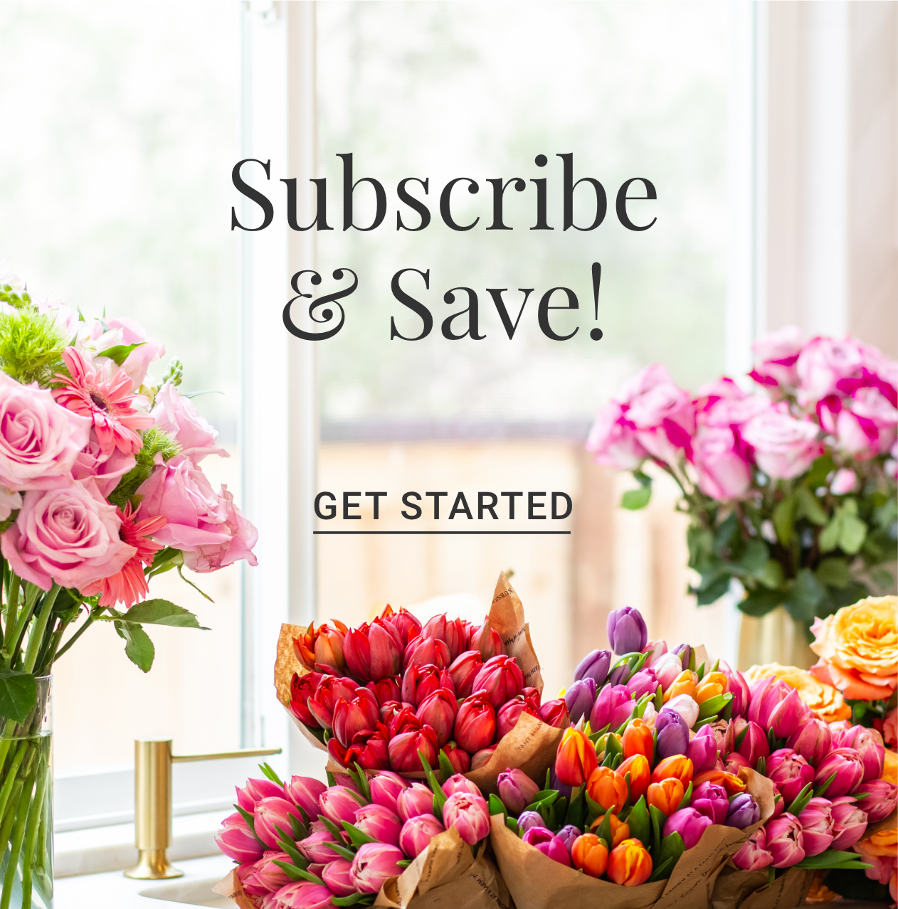 Colorful flower arrangements with tulips and roses inviting subscriptions and savings.
