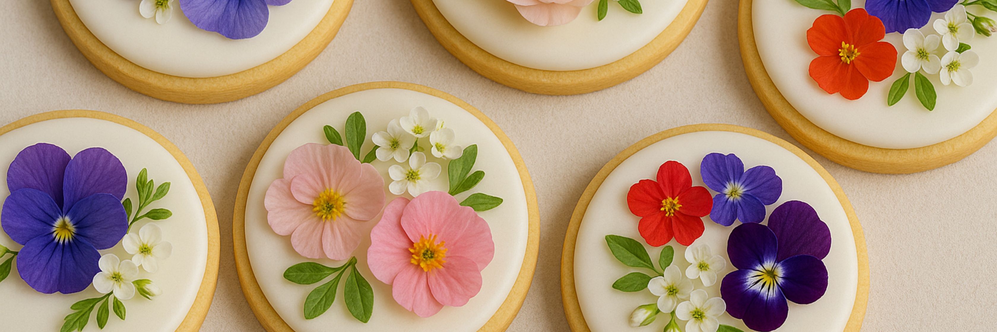 Colorful floral cookies topped with edible flowers and delicate greenery, perfect for celebrations.