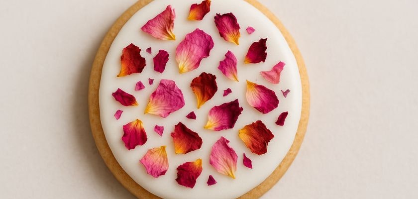Delightful cookie topped with colorful rose petals, perfect for special occasions.