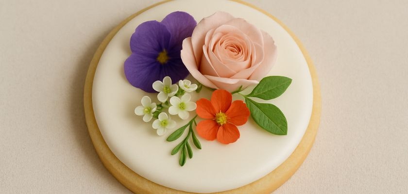 Delicate cookie decorated with pastel flowers and greenery, perfect for special occasions.