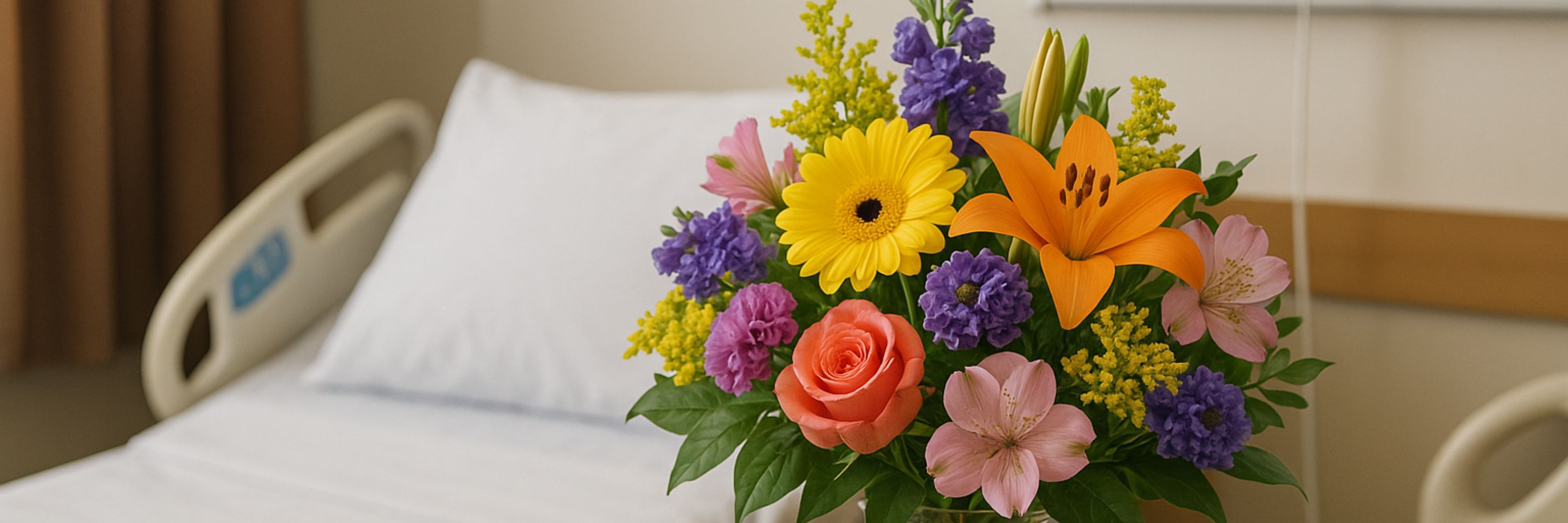 Bright and cheerful floral arrangement featuring sunflowers, lilies, and colorful roses.