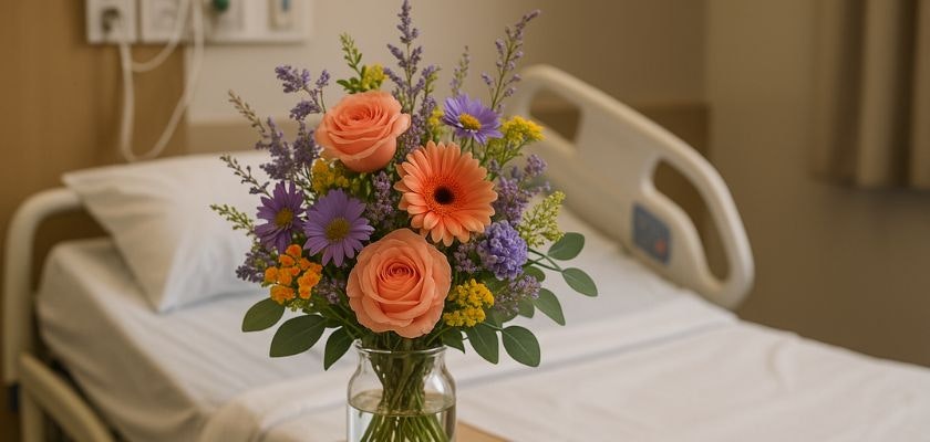 Vibrant hospital flower arrangement featuring peach roses and colorful daisies for healing.