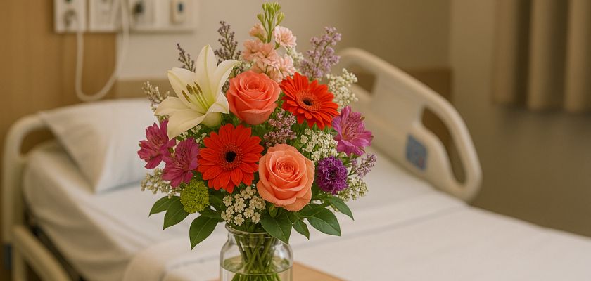 Vibrant hospital bouquet featuring roses, lilies, and gerbera daisies for patient cheer.