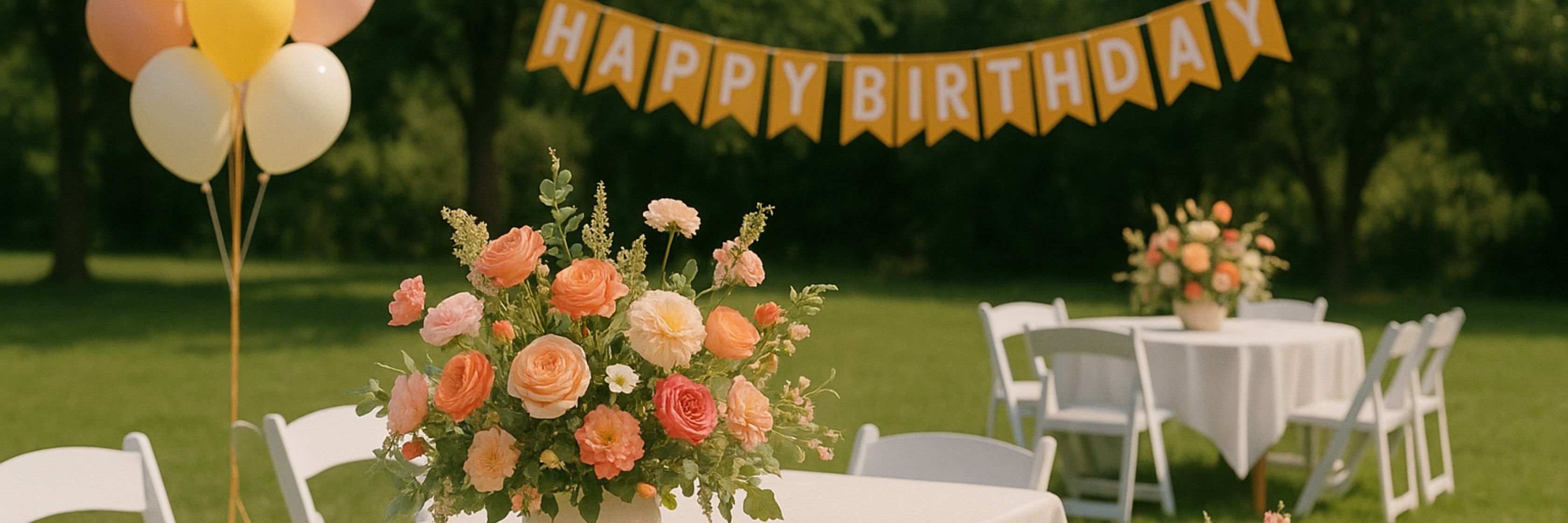 Cheerful birthday celebration setup with balloons, flowers, and festive decorations.