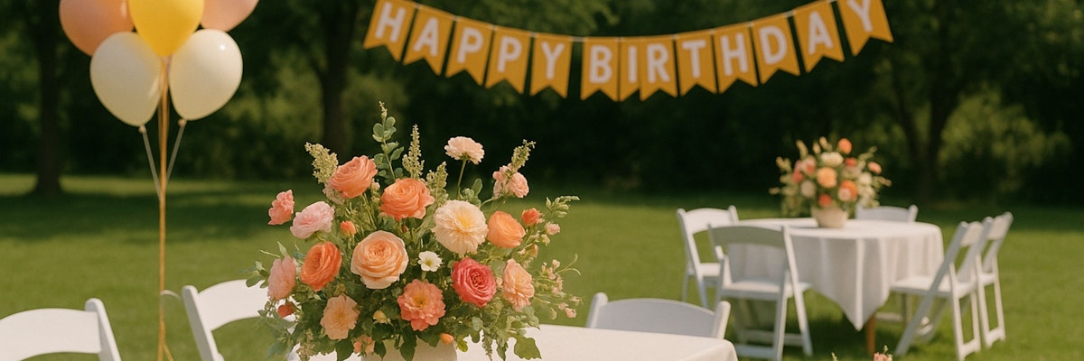 Cheerful birthday celebration setup with balloons, flowers, and festive decorations.