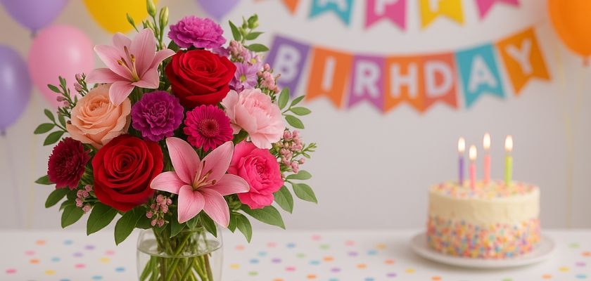 Vibrant birthday bouquet featuring roses and lilies, complemented by festive decorations.