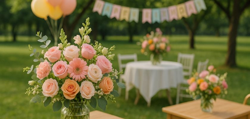 Beautiful floral arrangements featuring pink and peach roses enhance a festive outdoor party.