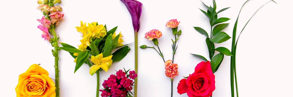 Colorful assortment of flowers including roses, lilies, and snapdragons arranged artfully.
