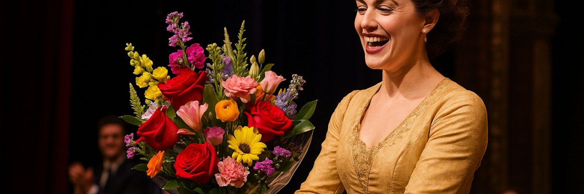 A joyful woman in a vintage dress receives a vibrant bouquet of mixed flowers.