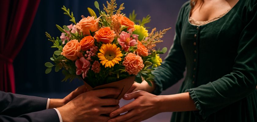 A vibrant bouquet of orange and yellow flowers presented in a warm setting.