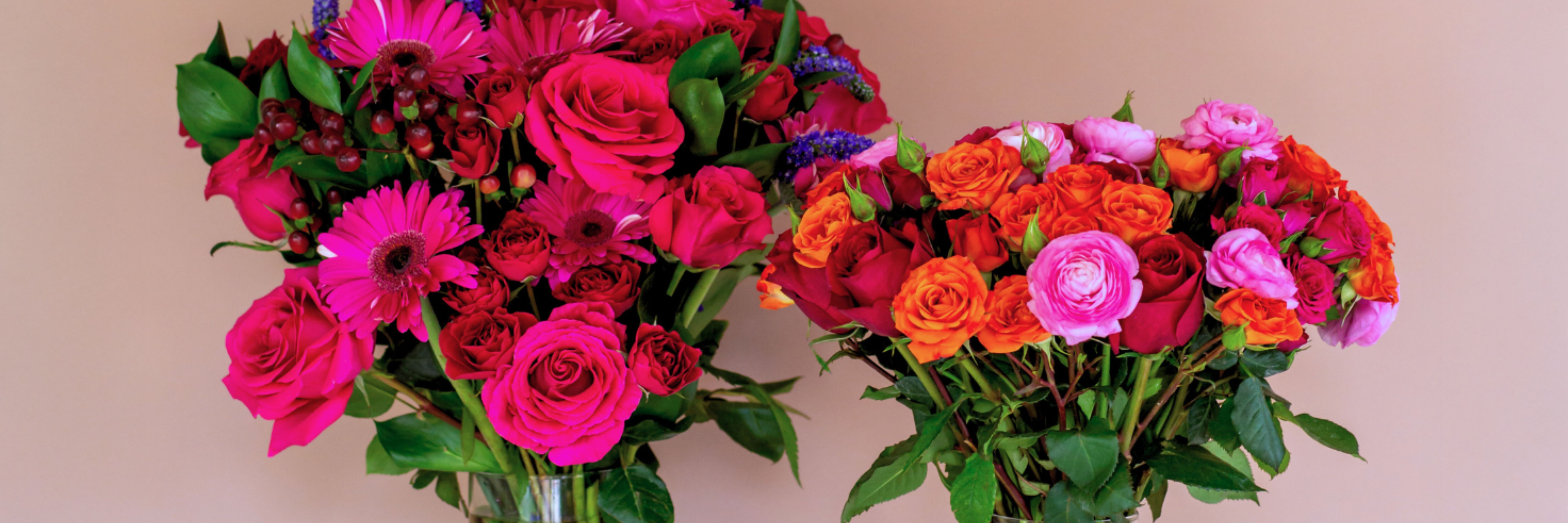 Vibrant floral arrangements featuring pink roses, gerbera daisies, and orange blooms.