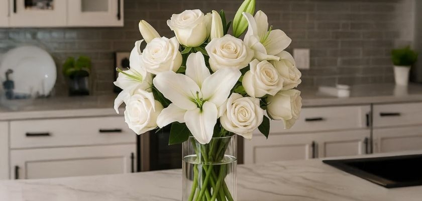 Elegant bouquet featuring white roses and lilies in a clear vase, perfect for home décor.