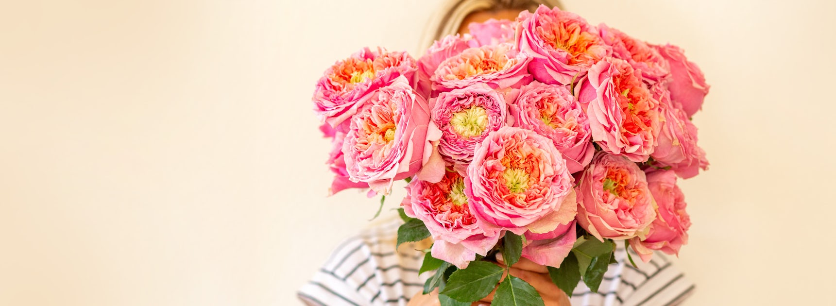 A vibrant bouquet of pink roses, held close, creates a cheerful and warm atmosphere.