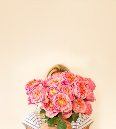 Bright pink roses held in a woman's hands, adding a touch of elegance and charm.