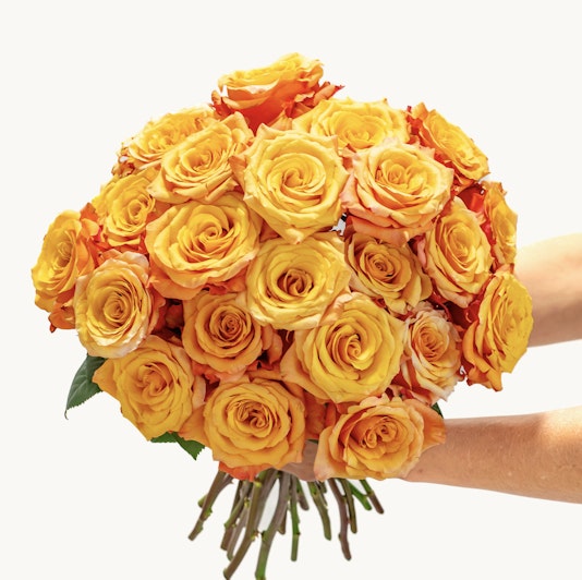 Vibrant bouquet of orange and yellow roses, perfect for cheerful celebrations and gifting.