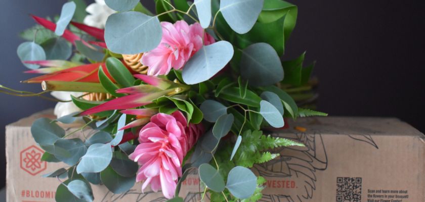 Vibrant floral arrangement featuring pink blooms and lush greenery, beautifully packaged.