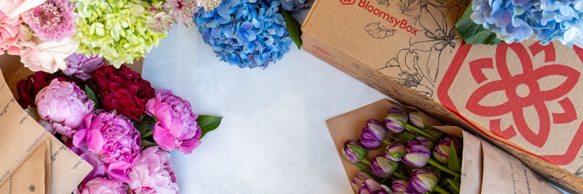 Colorful floral arrangement featuring peonies, tulips, and hydrangeas in stylish packaging.