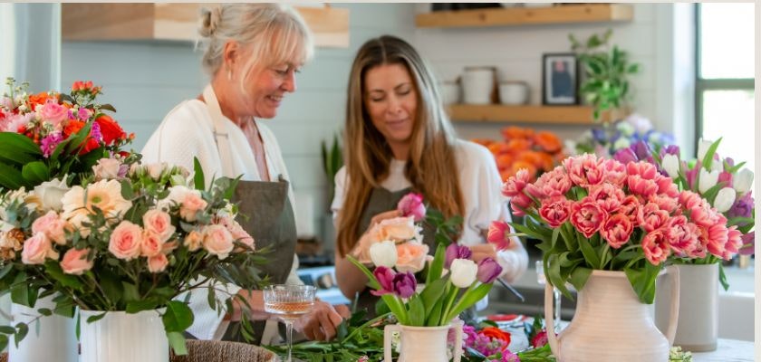 Two women happily arranging vibrant flowers in a cozy floral shop, surrounded by colorful blooms.