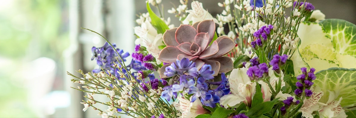 Vibrant floral arrangement featuring purple blooms, succulents, and delicate foliage.