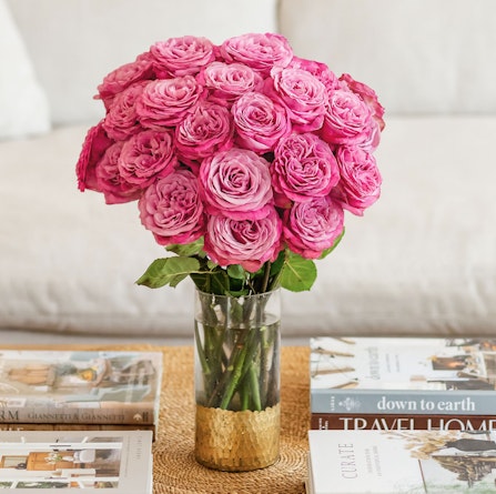 Vibrant pink roses elegantly arranged in a chic glass vase, perfect for home decor.