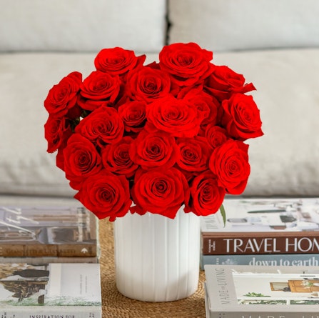 Vibrant red rose bouquet in a white vase, surrounded by stylish books on a cozy table.