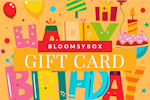 Colorful birthday card design with balloons and cake, featuring a BloomsyBox gift card.