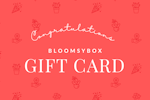 Gift card design for BloomsyBox with a festive congratulations theme and floral graphics.
