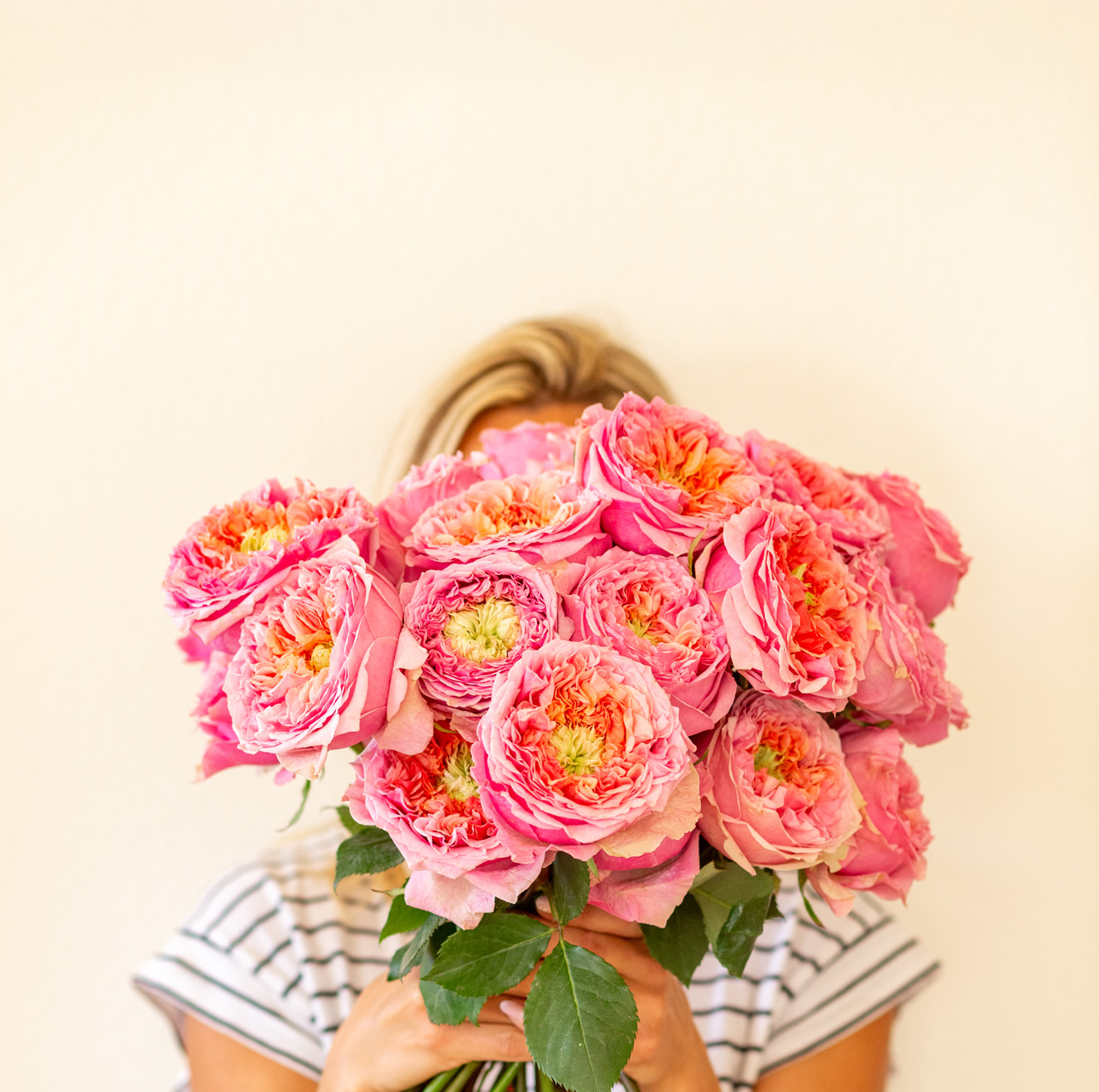 A vibrant bouquet of pink roses held by a woman in a striped top, against a light backdrop.
