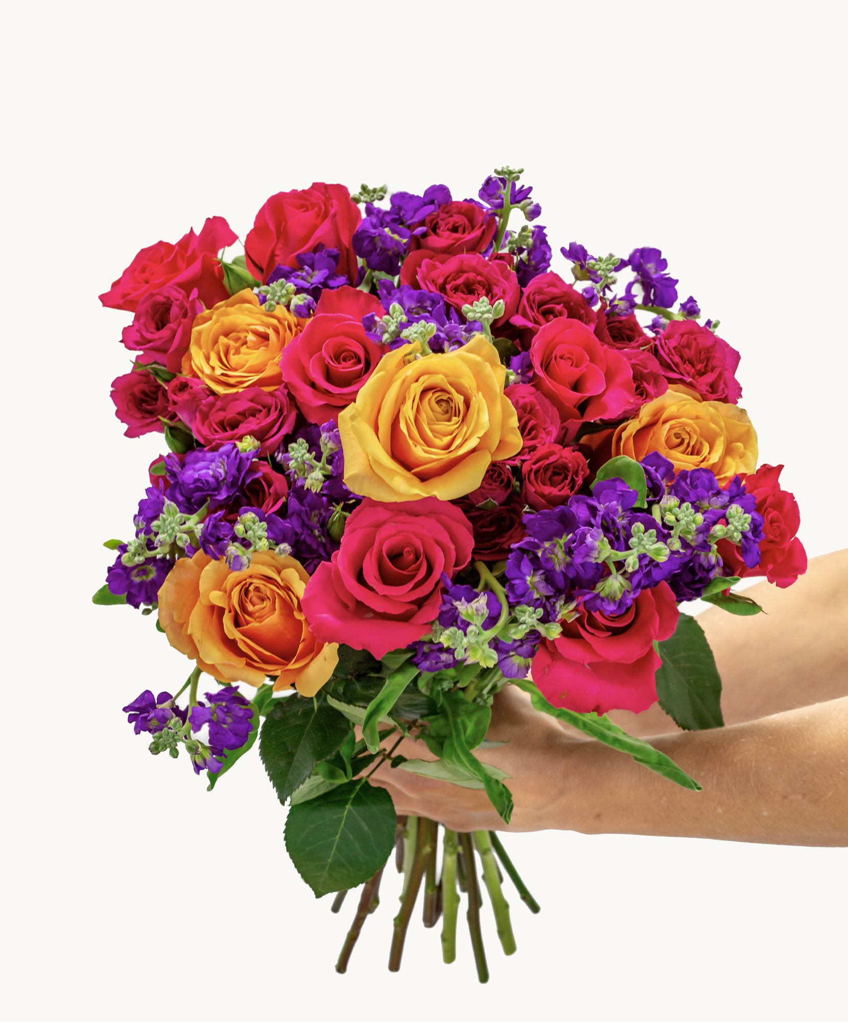 Vibrant bouquet of roses in red, orange, and purple hues, perfect for celebrations.