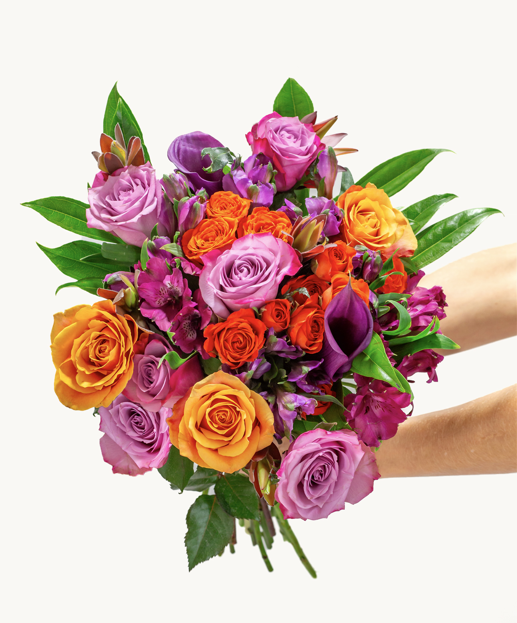 Vibrant bouquet featuring orange, pink, and purple roses, perfect for celebrations.