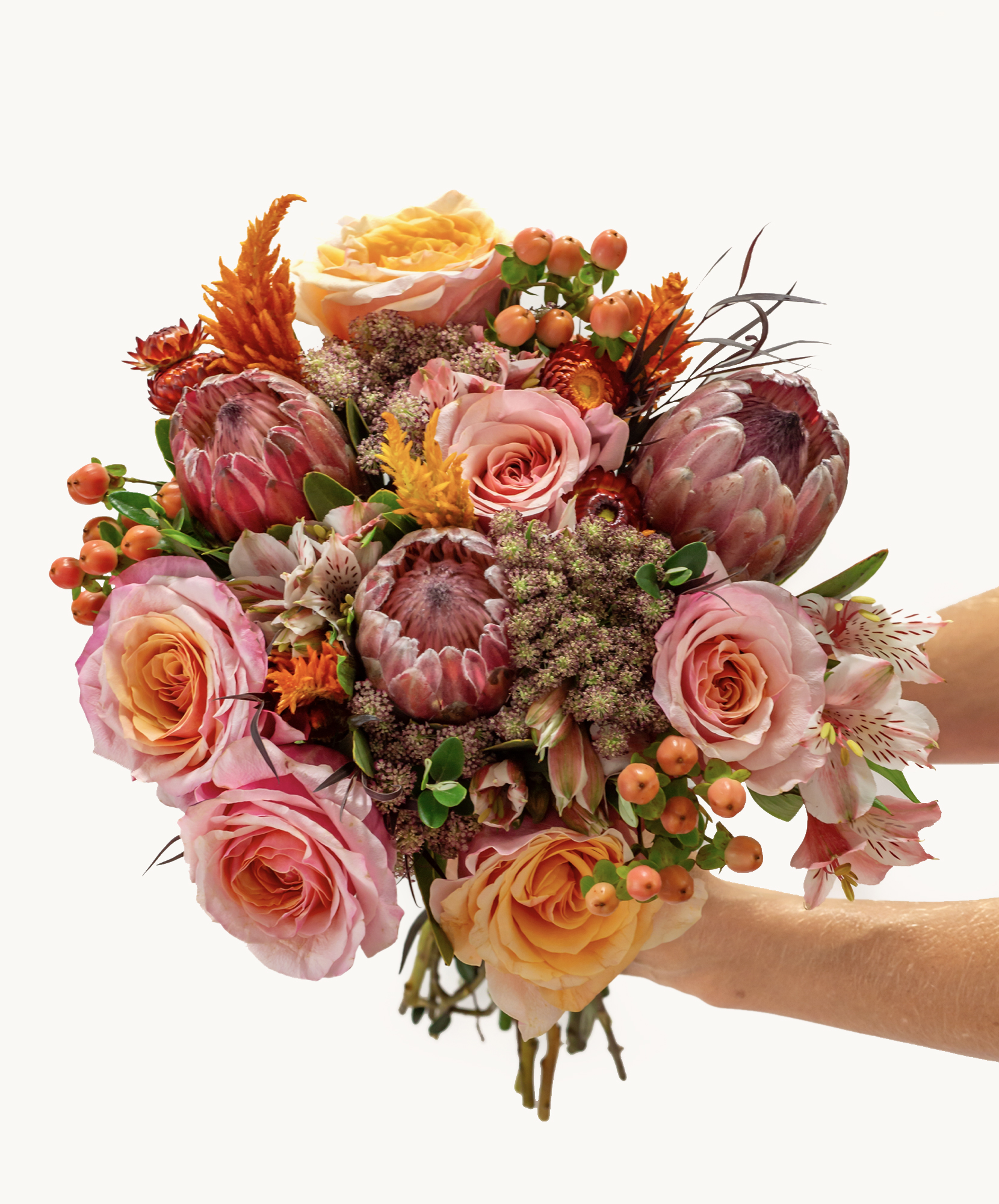 Vibrant floral bouquet featuring pink roses and striking proteas, perfect for celebrations.
