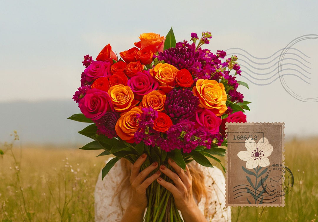 Vibrant bouquet of orange, pink, and purple roses, held against a sunny field backdrop.
