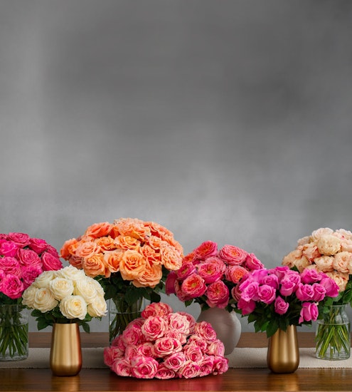 Vibrant floral display featuring assorted roses in shades of pink, peach, and white.