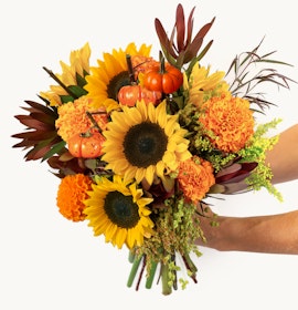 Vibrant floral bouquet featuring sunflowers, marigolds, and miniature pumpkins in autumn hues.