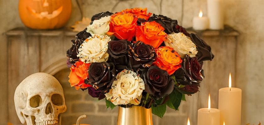 A vibrant Halloween-inspired bouquet of orange, black, and white roses in a decorative vase.