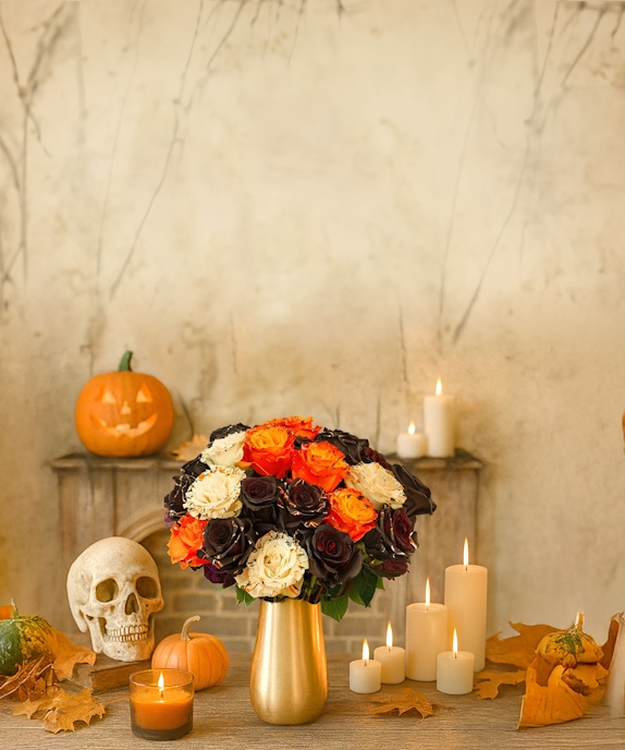 Vibrant Halloween bouquet featuring orange, black, and white roses with seasonal décor.