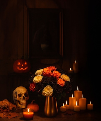 A hauntingly beautiful bouquet of dark and vibrant roses, set against autumnal Halloween decor.