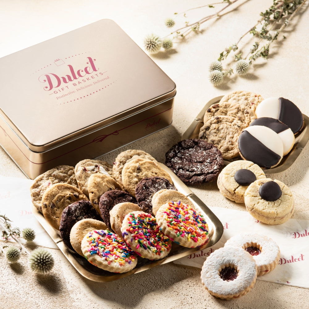 Assorted gourmet cookies in a decorative tin, perfect for gifting and special treats.