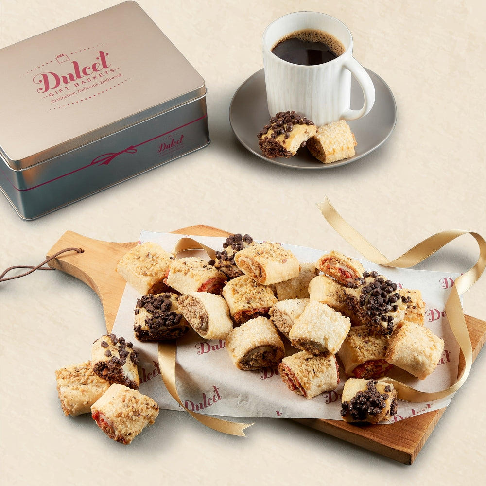 Decadent assortment of Dulcet pastries on a wooden board with coffee. Perfect treat!